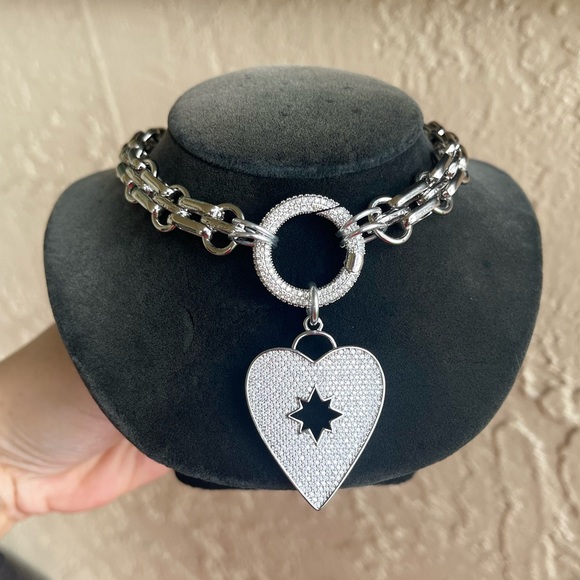 Two looks stainless steel choker heart necklace cz rhinestones boho st valentine - Picture 15 of 16